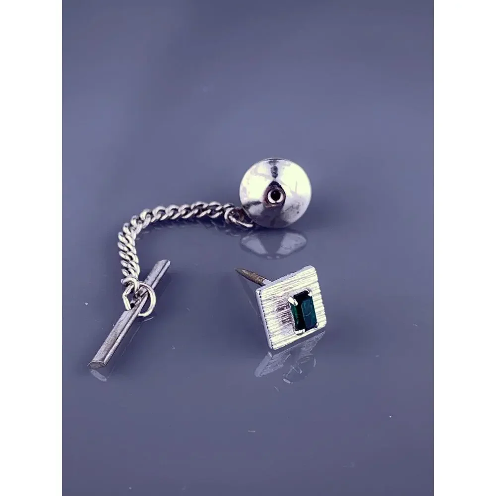 Green Rhinestone White Gold Plated Tie Tack Pin Square Rectangle Vintage